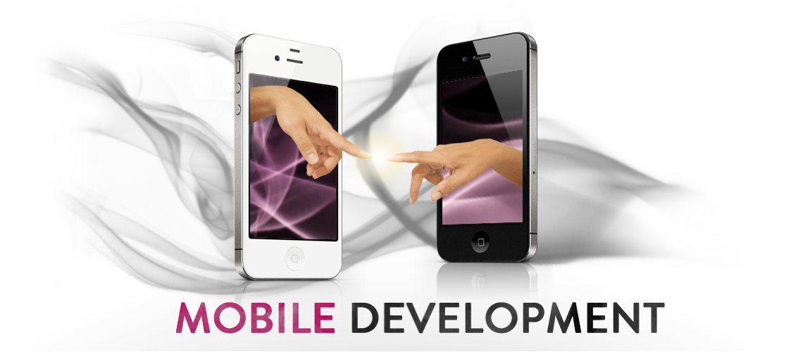 Two hands almost touching as they reach out from two mobile screens. The text Mobile Development