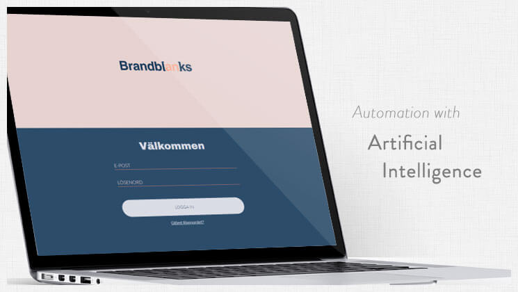 Laptop with Brandblanks login screen and the text Automation with AI